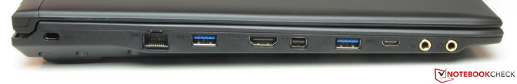 Linke Seite: Steckplatz für ein Kensington-Schloss, Gigabit-Ethernet, USB 3.0 (Typ A), HDMI, Mini Displayport, USB 3.0 (Typ A), USB 3.1 Gen1 (Typ C), Mikrofoneingang, Kopfhörerausgang
