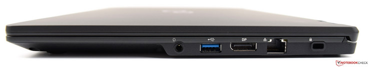 Rechts: 3,5-mm-Klinke, 1x USB 3.0 Typ A, DisplayPort, Ethernet, Kensington-Lock