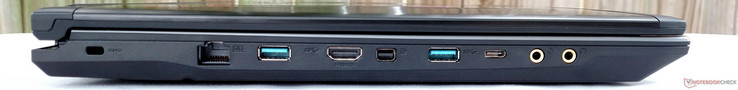 rechts: Kensington Lock, Ethernet, USB 3.0, HDMI 1.4, DisplayPort 1.2, USB 3.0, USB 3.1 (Gen 1) Typ-C, Mikrofon, S/PDIF HiFi DAC