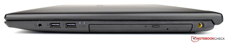rechts: Combo Audio/Mic Buchse (3.5mm), 2x USB 2.0, Status LED`s, DVD Super Multi Brenner (Double Layer), Netzanschluss