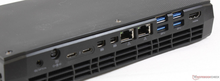 Rechts: Optical/SPDIF, Netzteil, 2x Thunderbolt 3, 2x Mini-DisplayPort 1.3, 2x Gigabit-Ethernet, 4x USB 3.0, HDMI 2.0a