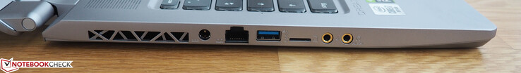 linke Seite: Energiezufuhr, RJ45-LAN, USB-A 3.0, microSD, Mikrofon, Kopfhörer