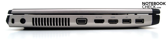 Linke Seite: Kensington Security Slot, Stromanschluss, Lüfter, eSATA/USB Kombi, HDMI, 2xUSB-2.0