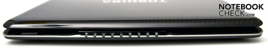 Frontseite: Keine Anschlüsse. 2 Stereo-Lautsprecher und Status-LEDs