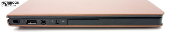 Linke Seite: Kensington Lock, USB 2.0, Audiokombination, Hardwareschalter
