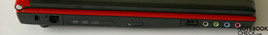 Linke Seite: Kensington Lock, LAN, DVD Laufwerk, USB, Audio