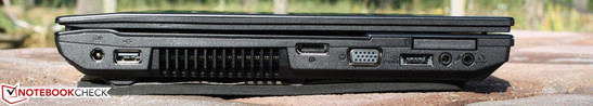 Linke Seite: AC, USB 2.0, DisplayPort, VGA, eSATA/USB 2.0-Kombo, Kopfhörer (S/PDIF), Mikrofon