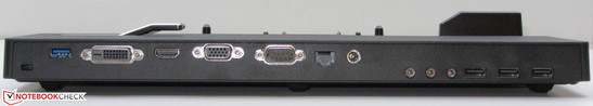 Rückseite: Steckplatz für ein Kensington Schloß, USB 3.0, DVI, HDMI, VGA, serielle Schnittstelle, Netzwerk, Netzanschluss, 3x Audio, 3x USB 2.0