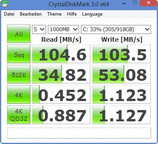 Crystal Disk Mark: 104 MB/s Lesen