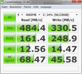 Crystal Disk Mark 3.0: 484/330 MB/s Lesen/Schreiben