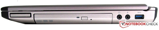 Rechte Seite: ExpressCard, DVD-Brenner, Audio In/Out, USB 3.0