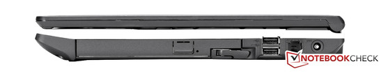 rechte Seite: DVD-Brenner im modularen Erweiterungsschacht, 2x USB, Powerbuchse