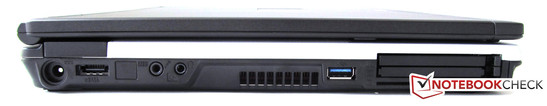 Linke Seite: Power, eSATA, 2 x Audio, USB 3.0, PC Card, PC Card Express, Smartcard-Lesegerät