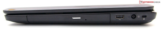 rechte Seite: optisches Laufwerk, USB 2.0, Stromeingang, Kensington Lock