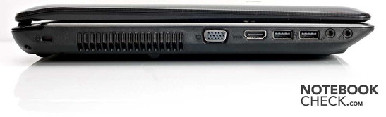 Linke Seite: Kensington Lock, VGA, HDMI, 2x USB 2.0, 2x Audio