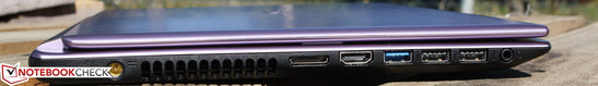 linke Seite: AC, Dongle (RJ45/VGA), HDMI, USB 3.0, 2x USB 2.0, Audio kombiniert