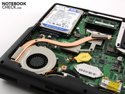 Mittig im Bild, die Heatpipe für die Kühlung von CPU und Chipsatz.