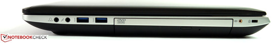 Rechte Seite: Audio out/ in, 2x USB 3.0, optisches Laufwerk, Subwoofer, Kensington-Lock