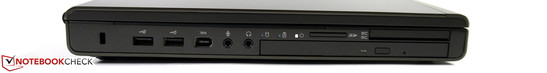 Linke Seite: Kensington Lock, 2 x USB 2.0, FireWire 400, Audio in/out, Card Reader, Blu-Ray-Writer, Smart Card Reader, ExpressCard/54/34