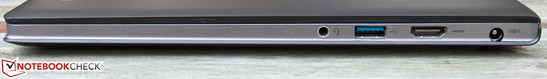rechte Seite: Kopfhörer/Mikrofon, USB 3.0, HDMI, Netzteilanschluss