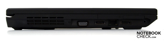 Linke Seite: Lüfter, VGA, USB-eSATA-Kombi, RJ45 (LAN),  Display-Port, 7-in-1 Kartenleser, Kombi-Audio