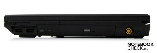 Rechte Seite: WiFi-Switch, 2xUSB-2.0,  ExpressCard/34, optisches Laufwerk, Stromanschluss