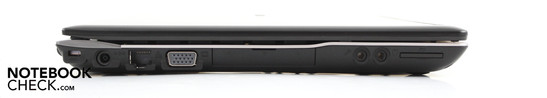Linke Seite: Kensington, AC, Ethernet, VGA, (HDMI, 2 x USB 3.0 - unter Klappe), Audio, Kartenleser