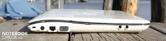 Linke Seite: Kensington, AC, Ethernet, VGA, HDM, 2 x USB 2.0 (unter Klappe), Mikrofon, Line-Out