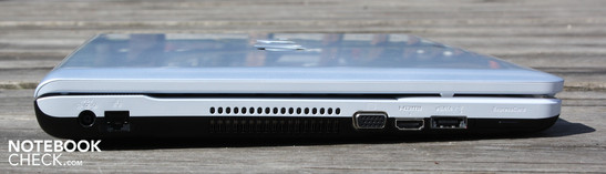 Linke Seite: AC, LAN, VGA, HDMI, eSATA, ExpressCard34