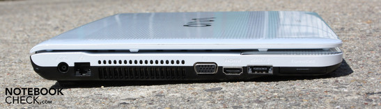 Linke Seite: AC, LAN, VGA, HDMI, eSATA, ExpressCard34