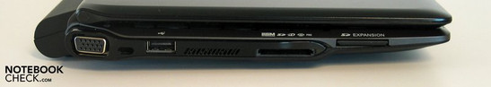 Linke Seite: VGA, Kensington Lock, USB, Cardreader, SD Card