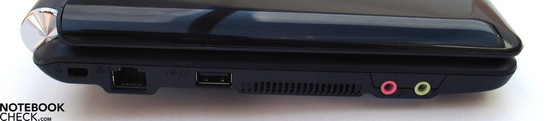 Linke Seite: Kensington Lock, LAN, USB 2.0, Audio