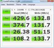 Crystal Disk Mark 3.0: 429/132 MB/s Lesen/Schreiben