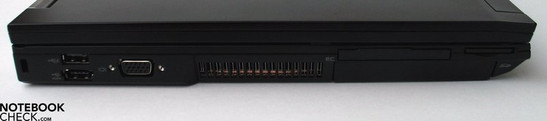 Linke Seite: Kensington Lock, 2x USB 2.0 / eSATA, VGA-Out, ExpressCard, SD Cardreader