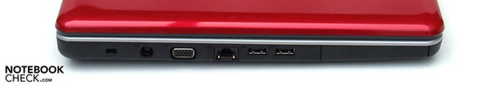 Links: Kensington-Schloss, Netzanschluß, VGA, LAN, 2xUSB