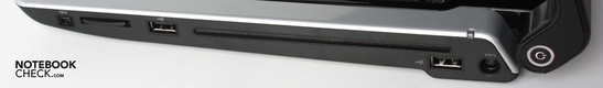 Rechte Seite: 4-Pin Firewire, 8-in-1-Kartenleser, USB 2.0, Slot-In-DVD-Brenner, USB 2.0, Netzstecker, Einschalter.