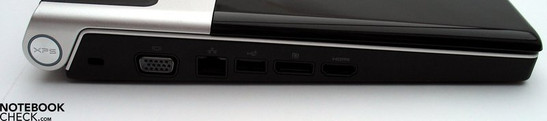 Linke Seite: Kensington Lock, VGA, LAN, USB, Display Port, HDMI