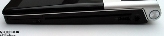 Rechte Seite:Express Card, Firewire, Slot-In LW, eSATA/USB, Stromversorgung