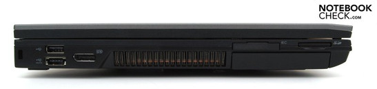Linke Seite: Kensington Security Slot, USB-2.0, eSATA-USB-Kombi, Lüfter, ExpressCard/34, 6-in-1-Kartenleser