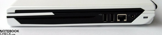 Rechte Seite: Slot-In DVD Laufwerk, 2x USB, LAN, Netzanschluss, Kensington Lo