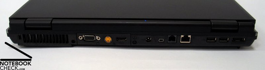 Rückseite: Kensington Lock, Lüfter, VGA Out, S-Video, HDMI, Netzanschluss, Firewire, Modem, LAN, 2x USB 2.0, eSATA