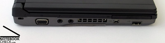 linke Seite: Kensington Lock, VGA Port, Audio, Lüfter, Firewire, USB, PCMCIA Slot