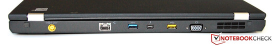 Rückseite: Netzteilanschluss, GBit-LAN, USB 3.0, Thunderbolt, powered USB 2.0, VGA