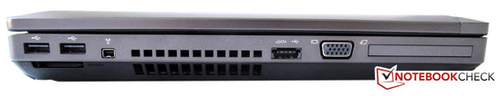 Linke Seite: 2 x USB 2.0, Kartenleser für SD / MMC-Karten,1 x IEEE1394a, 1 x eSATA/USB, 1 x Express Card Slot 54mm