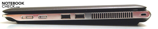 Rechte Seite: Stromschalter, WLAN-Schalter, 2xUSB-2.0, Lüfter, Kensington Security Slot