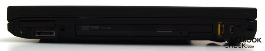 Rechte Seite: WLAN-Switch, ExpressCard/34, eSATA, Kombo-Audio, Ultrabay-Slot, USB; FireWire, Kensington Security Slot