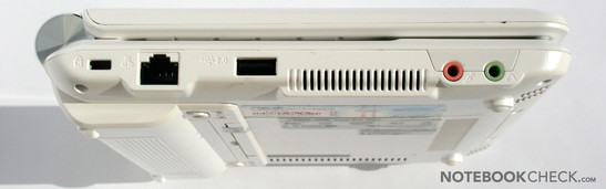 Linke Seite: Kopfhörer, Mikrofon, USB 2.0, LAN, Kensington Lock