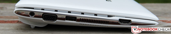 Linke Seite: Netzteilanschluss, VGA, USB 2.0, Luftauslass, HDMI