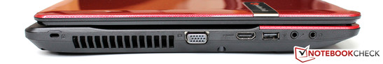 linke Seite: Kensington Lock, VGA, HDMI, USB 2.0, Mikrofon, Kopfhörer