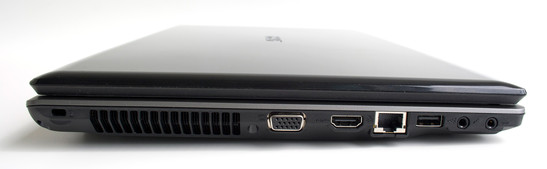 Linke Seite: Kensington Lock, VGA, HDMI, LAN, USB, Audio